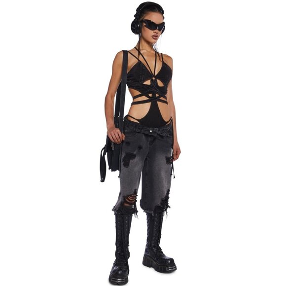 NWT Darker Wavs x Dolls Kill Black Washed Strappy Cutout Detail Bodysuit - Picture 2 of 10